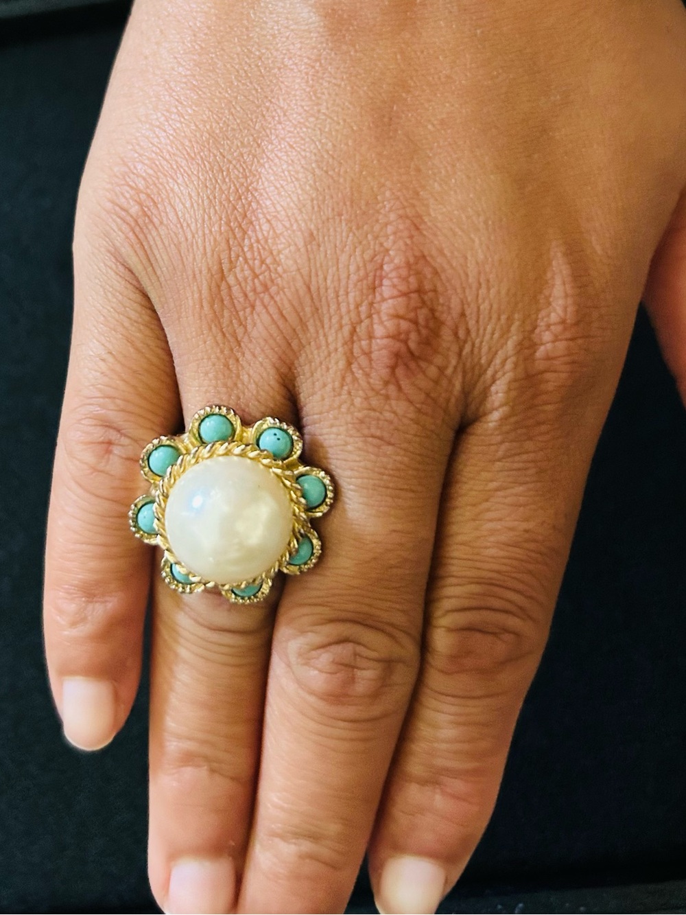 Gold Flower Statement Stretch Ring with Pearl with Faux Turquoise Accents